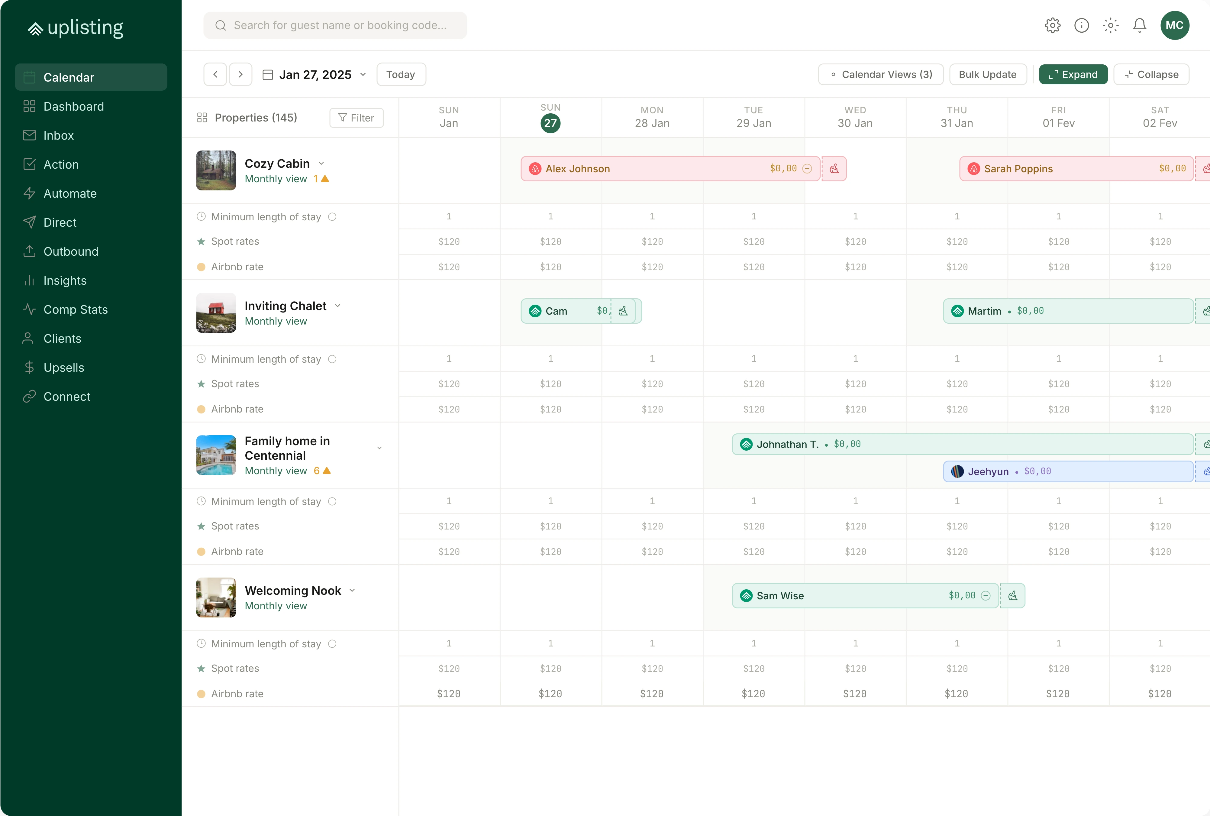 Uplisting booking calendar interface