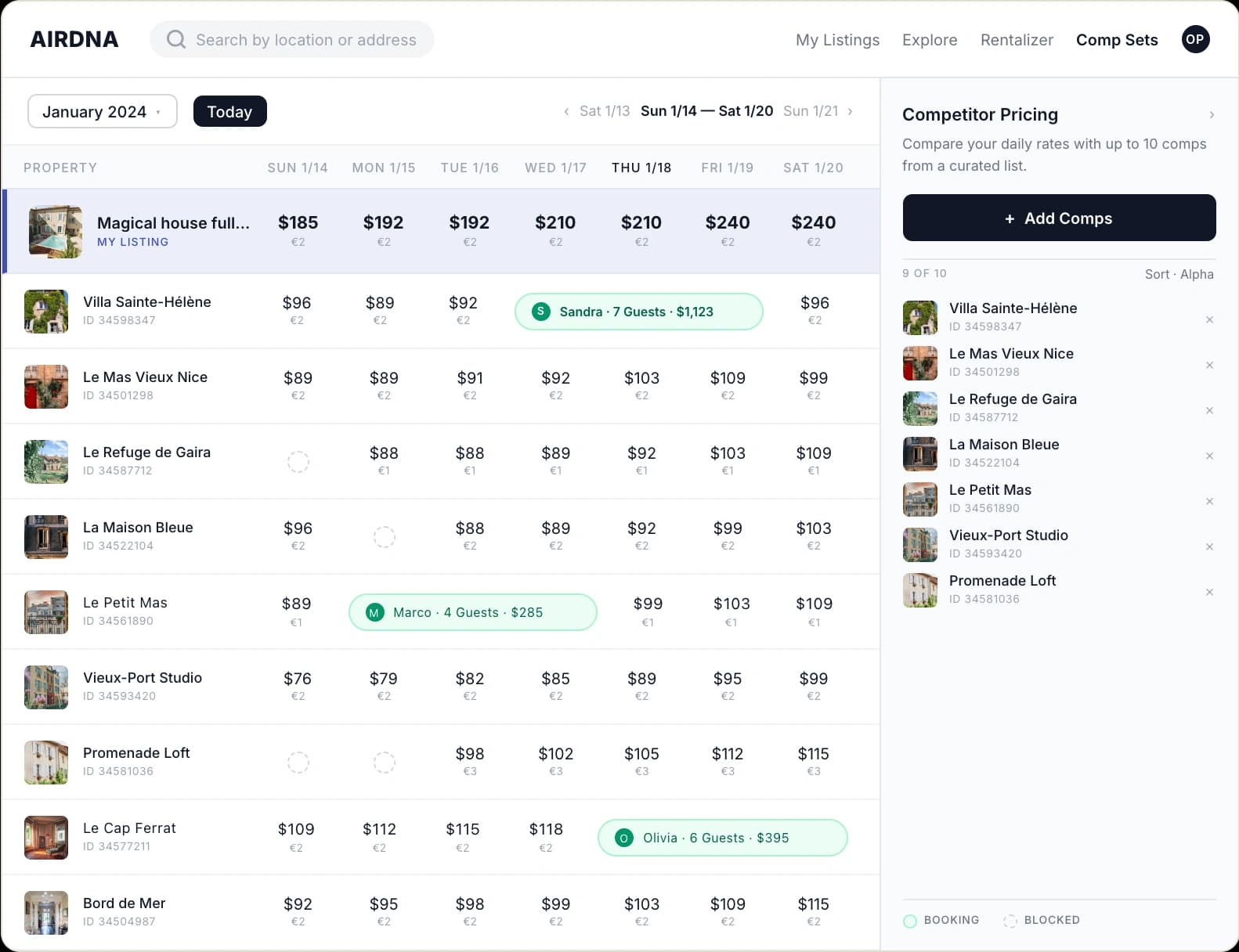 A curated comp calendar in AirDNA Host Tools. The host's own listing is pinned at the top of a weekly grid, with nine competitor properties below showing nightly rates, cleaning fees, blocked dates, and three highlighted reservations.