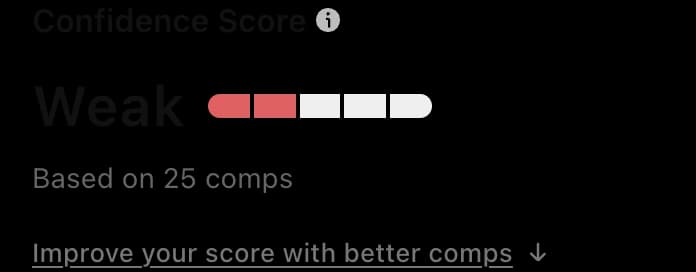 Variant two: the confidence score shown as the word “Weak” beside a five-segment bar, with “Based on 25 comps” and a link to improve it with better comps.