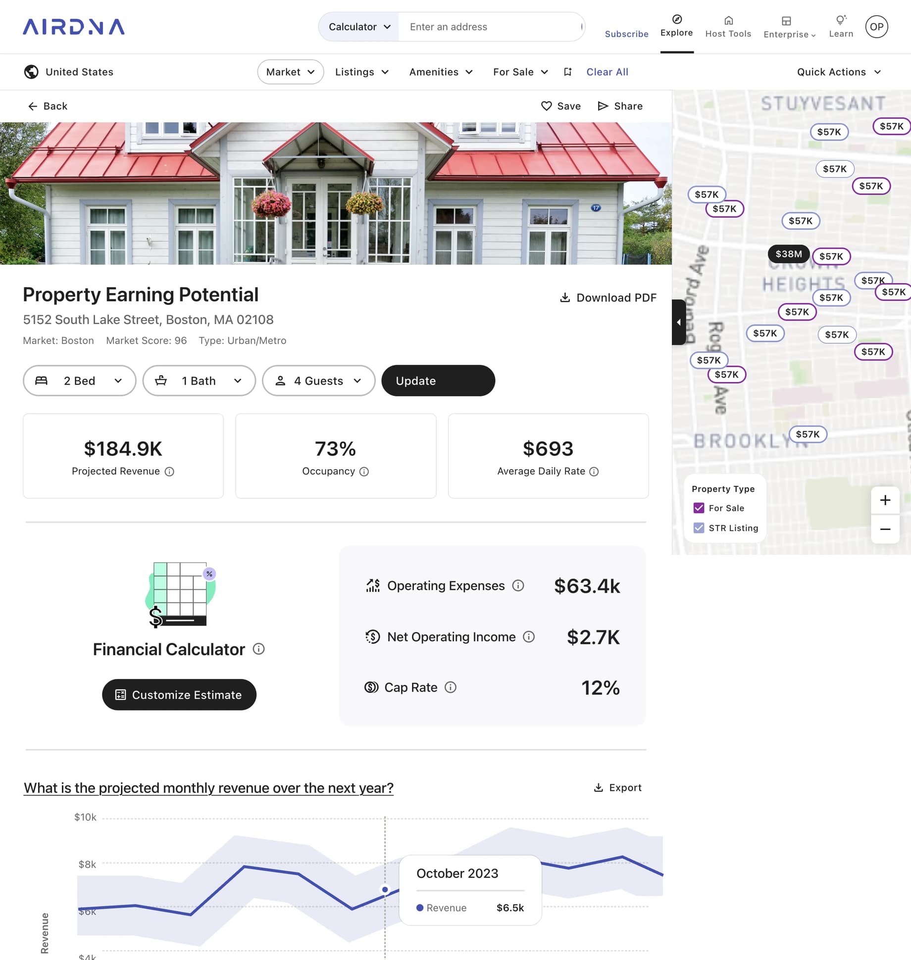 The Rentalizer page as it was: a projected revenue figure of $184.9K with occupancy and average daily rate beside it, a financial calculator below, and a map of comparable listings to the right.