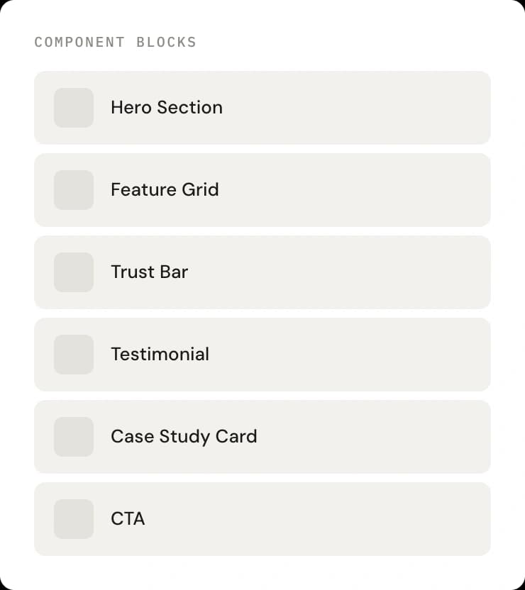 A stack of marketing component blocks — hero, feature grid, trust bar, testimonial, case study card, CTA.
