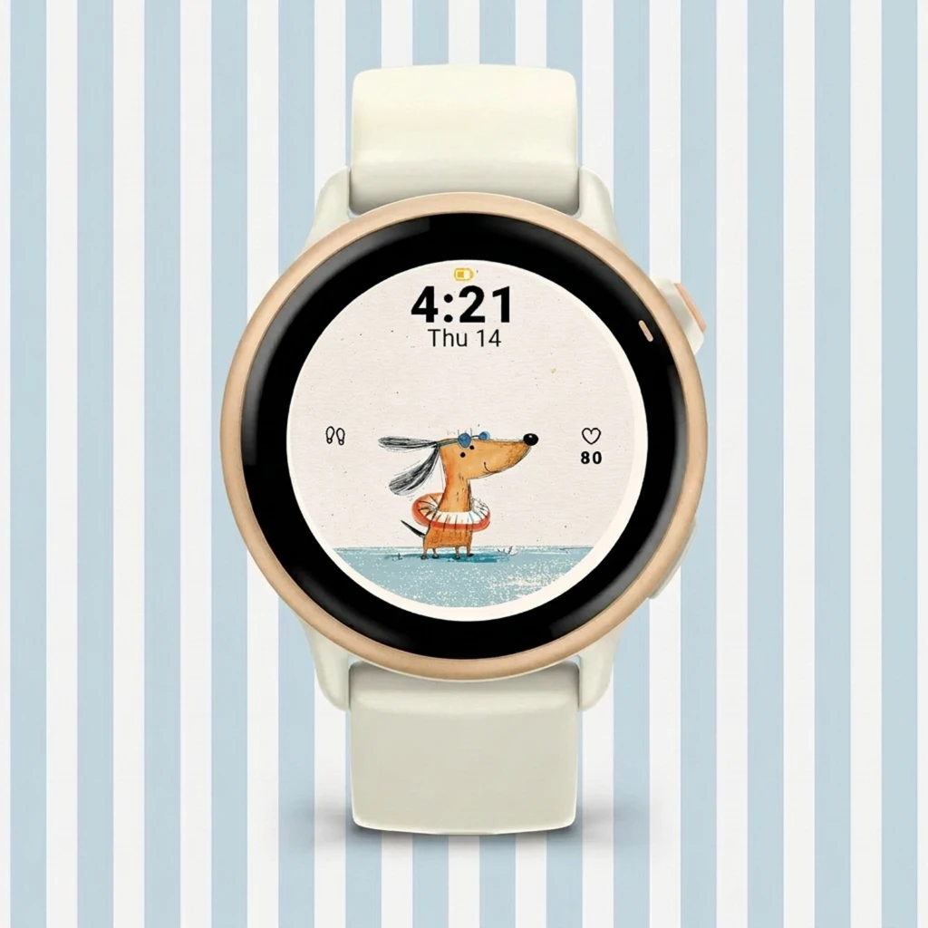 A watch face featuring a hand-drawn dachshund in a swim ring