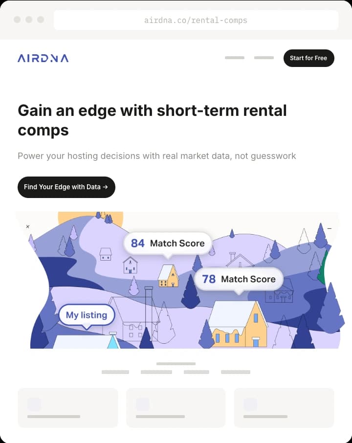 A rendered marketing page at airdna.co/rental-comps assembled from the component system.