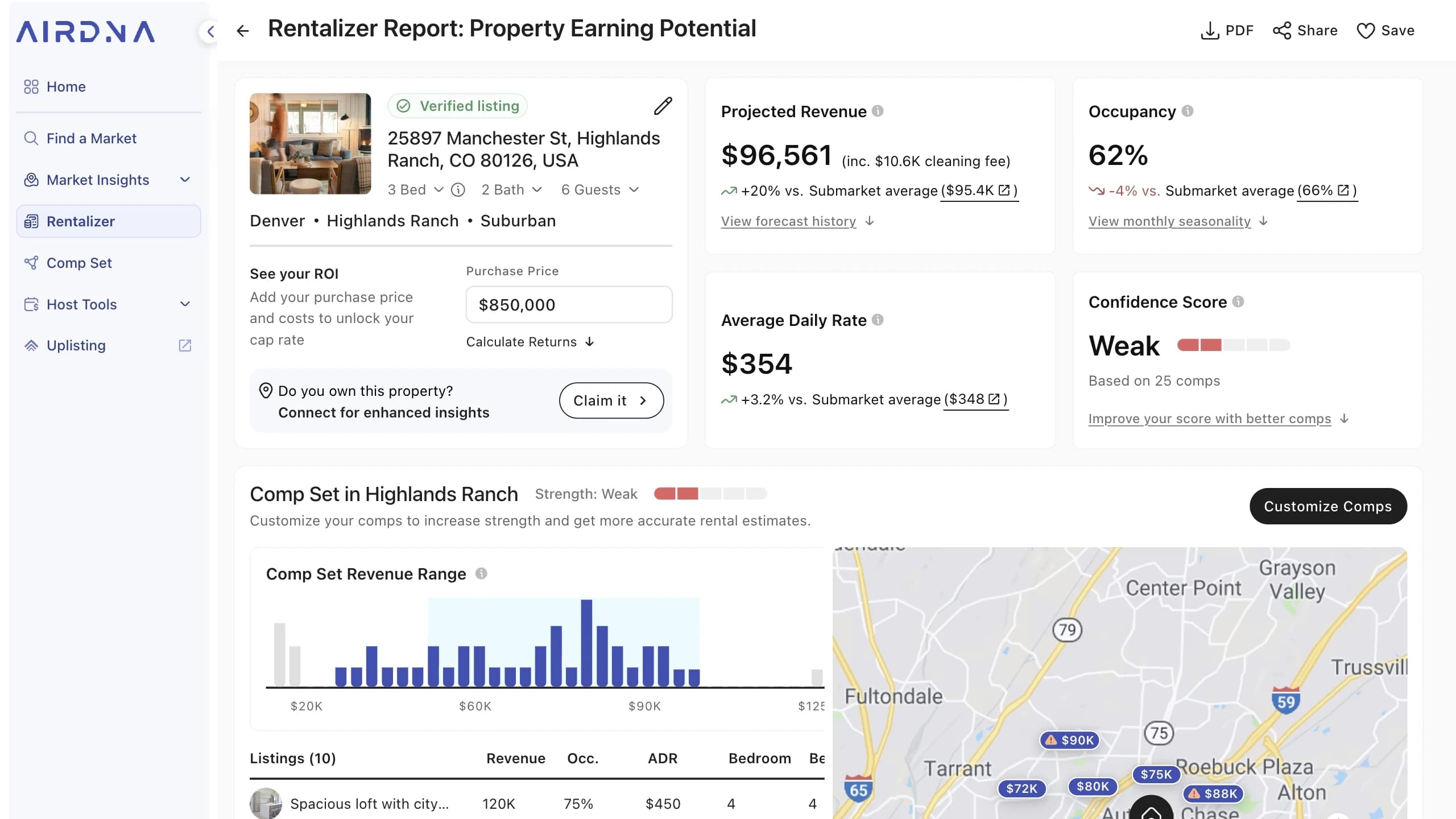 The AirDNA Rentalizer report for a Highlands Ranch property, showing a projected revenue estimate alongside occupancy and daily rate, a financial calculator, and a comparable-listings map