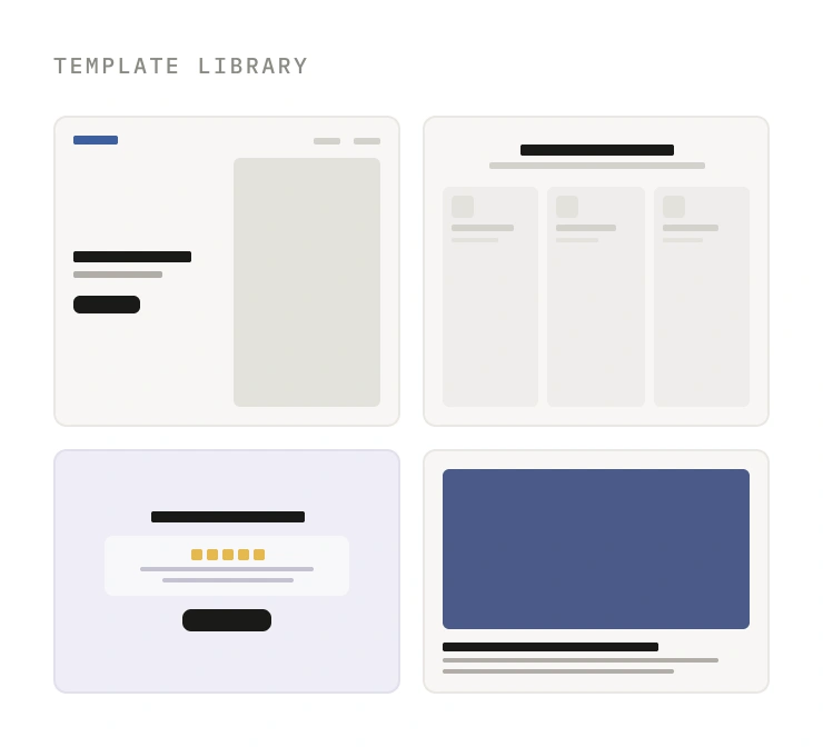 A template library showing four composable marketing page layouts.
