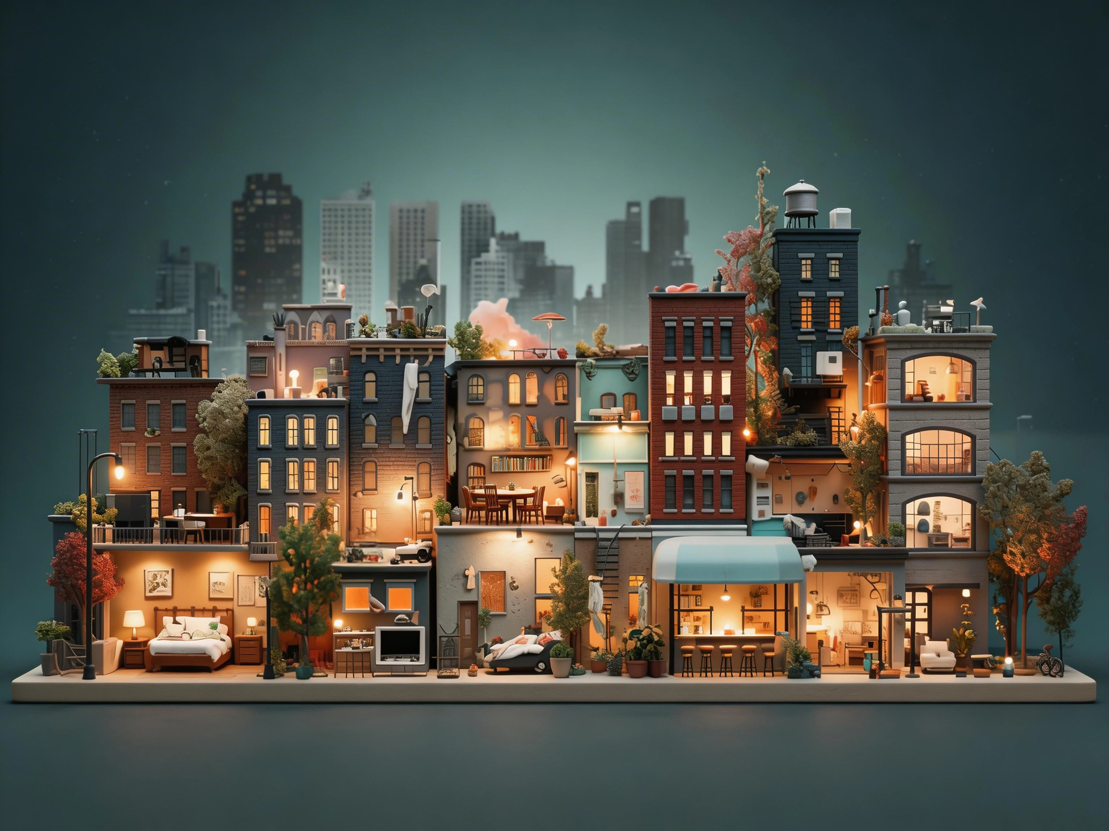 Miniature city scene at dusk with warmly lit interiors.
