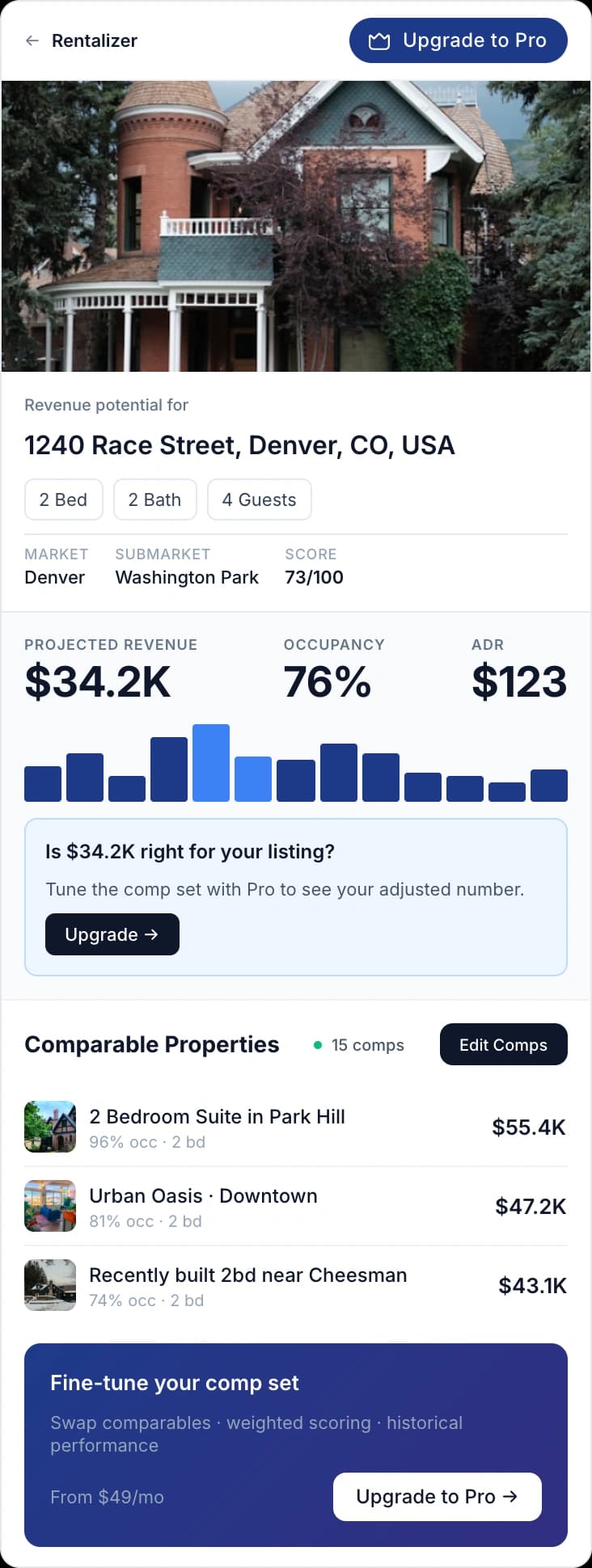 AirDNA Rentalizer mobile view showing property revenue estimate, comparable properties, and upgrade prompts