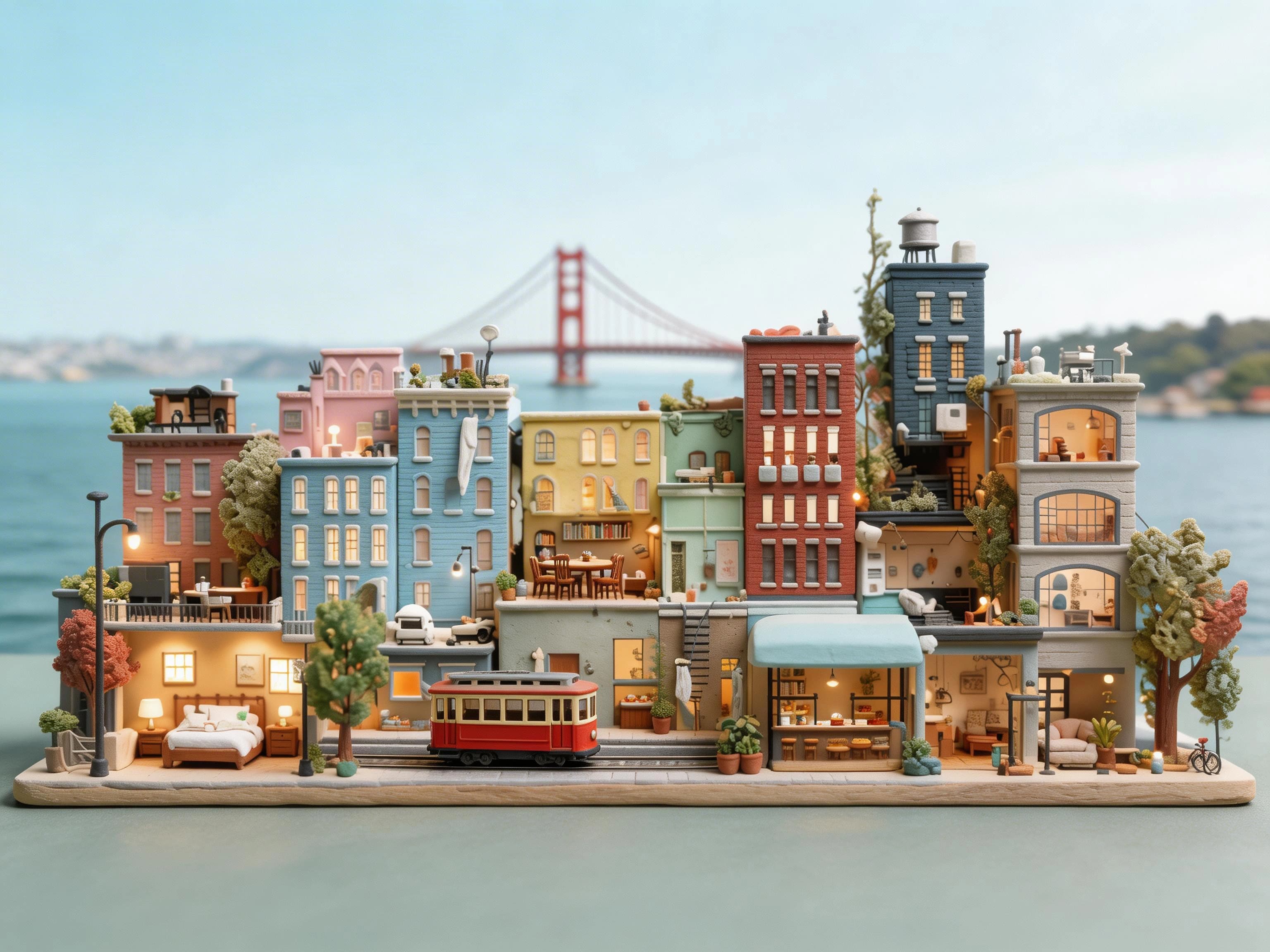 AirDNA homepage hero: miniature bayside city scene with a running tram and the Golden Gate Bridge in the distance.