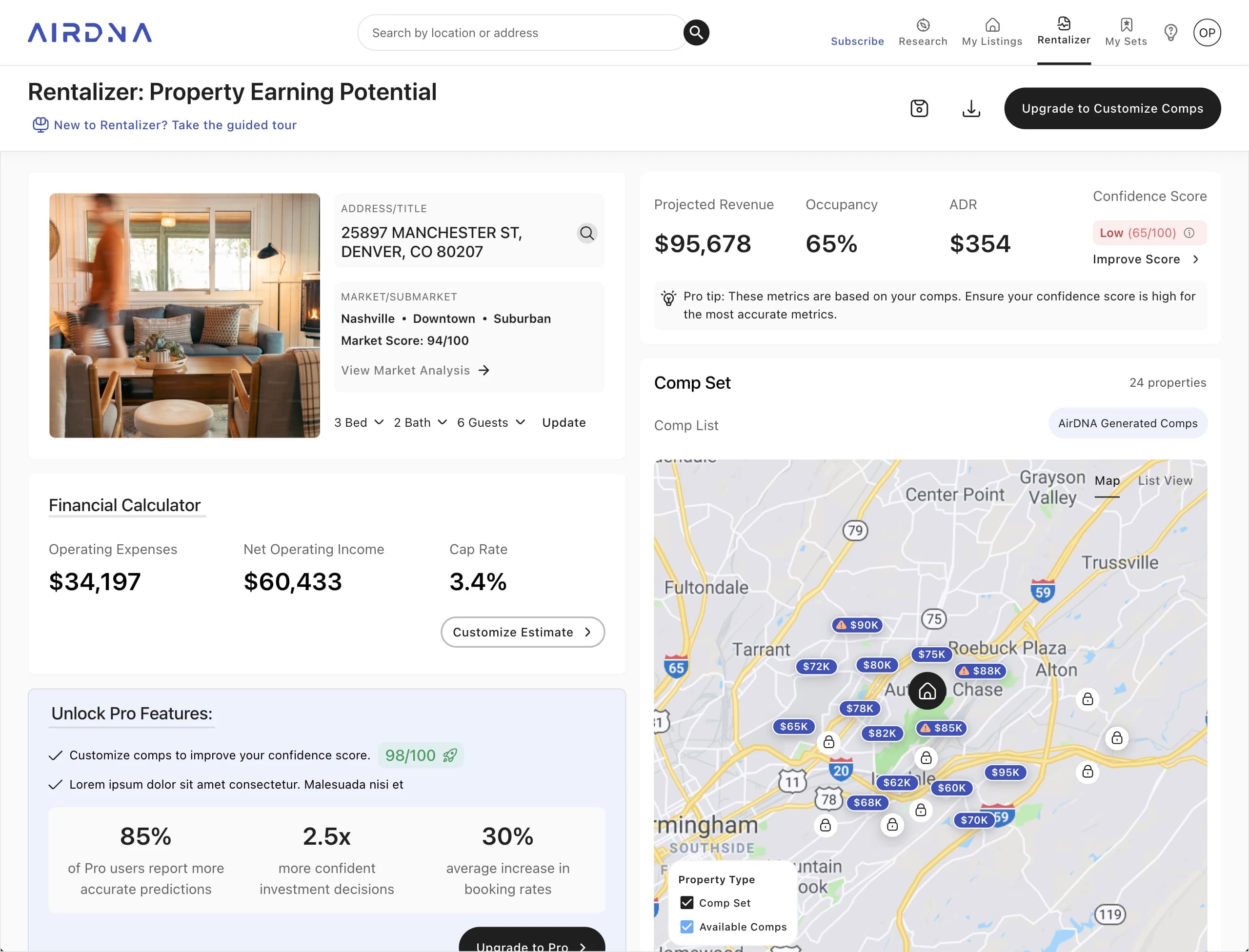 The V1 Rentalizer layout: a two-column page with the revenue estimate and its confidence score at the top left, the comparable properties beside it as a map and list, and the financial calculator below.