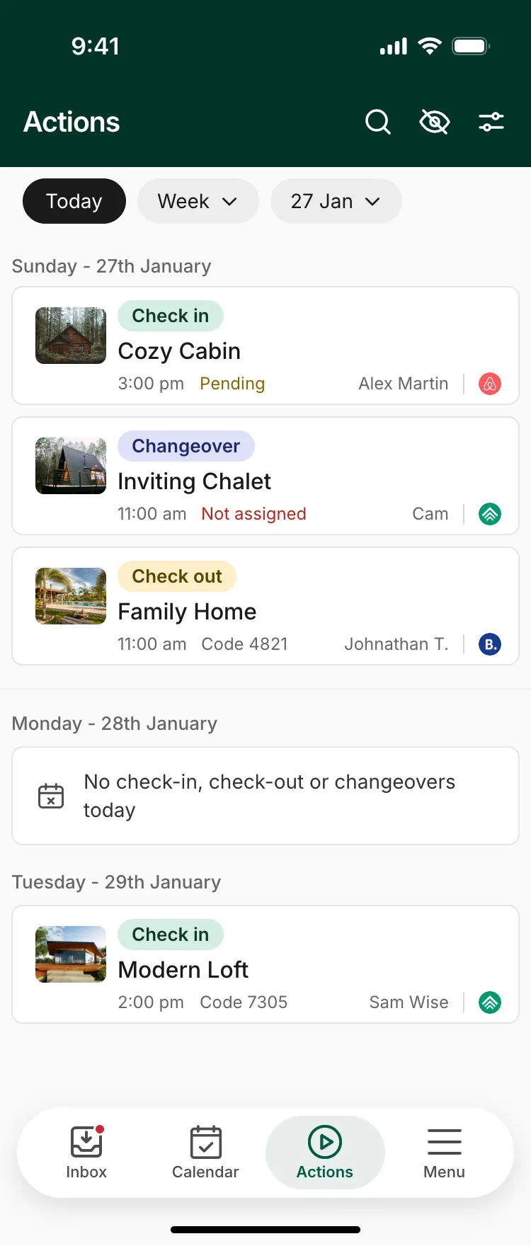 Actions: check-ins, check-outs and changeovers across properties, grouped by day.