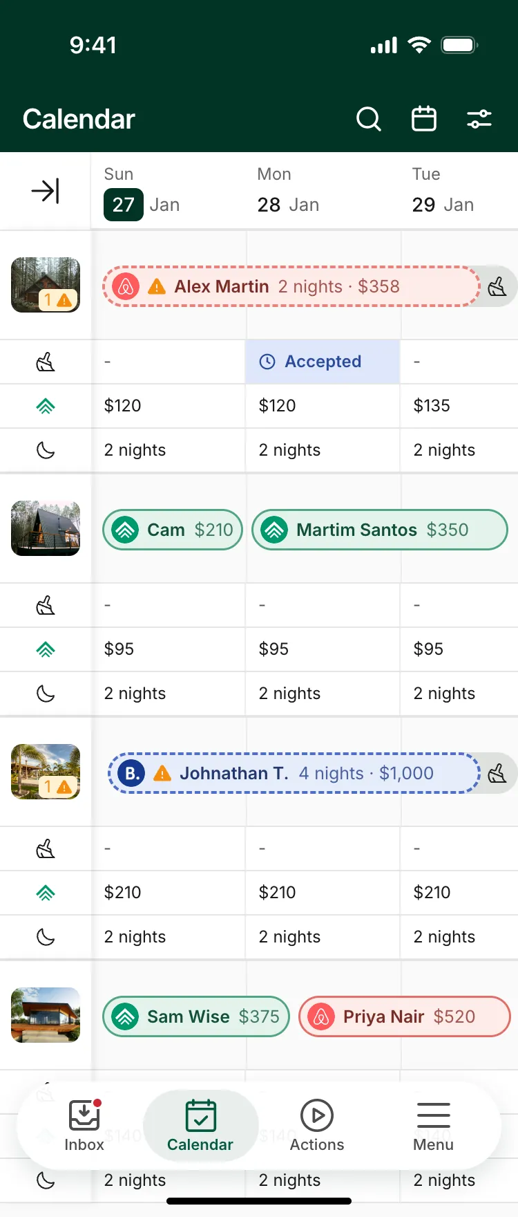The redesigned calendar: a pinned column of property photos, three days across, booking pills with channel icons, and daily rate, cleaning and minimum stay rows under each listing.