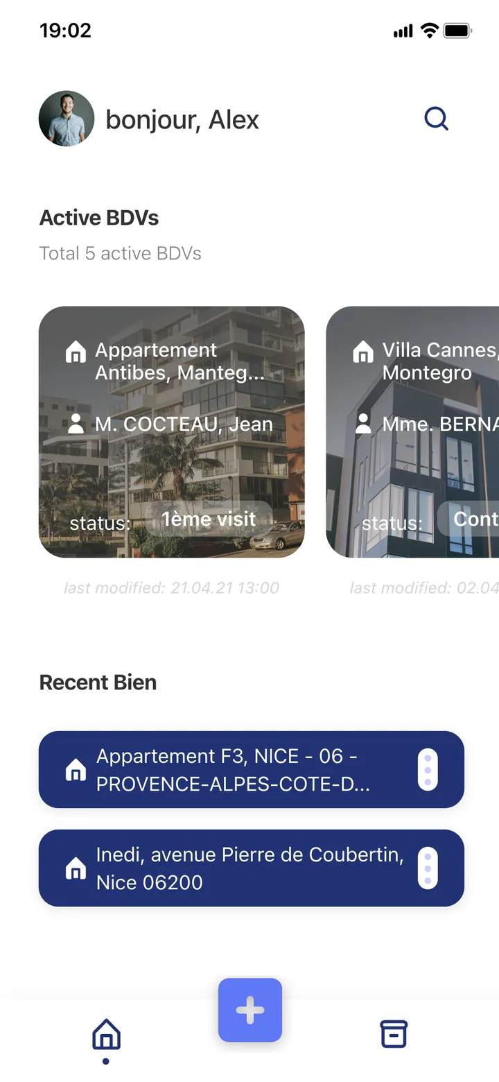 The 2021 app: a dashboard of active BDVs as photo cards, then lists of recent properties and buyers.