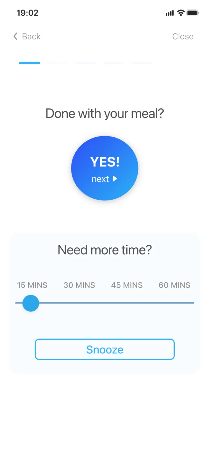 The 2021 app: a “Done with your meal?” screen with a blue YES button, a “Need more time?” slider and a Snooze button.