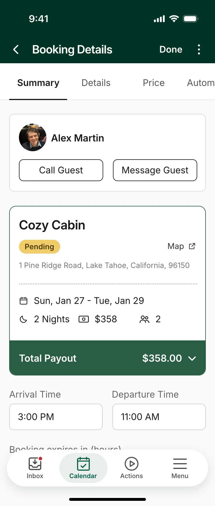 Booking details: the guest, the property, dates, address and a total payout of $358.00.