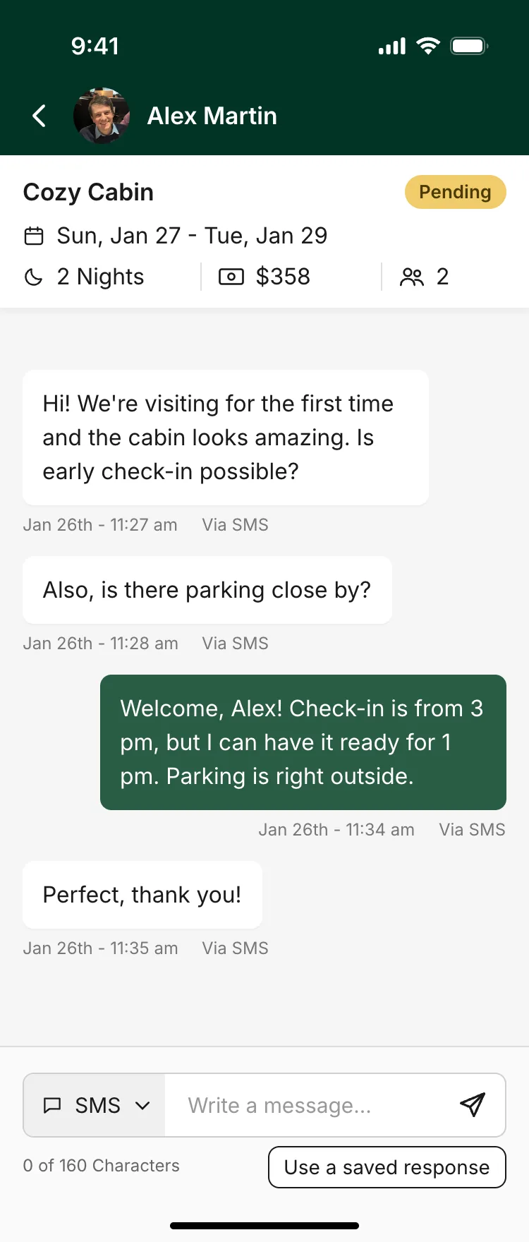 A conversation with a guest, with the booking's dates, nights and payout above the messages.