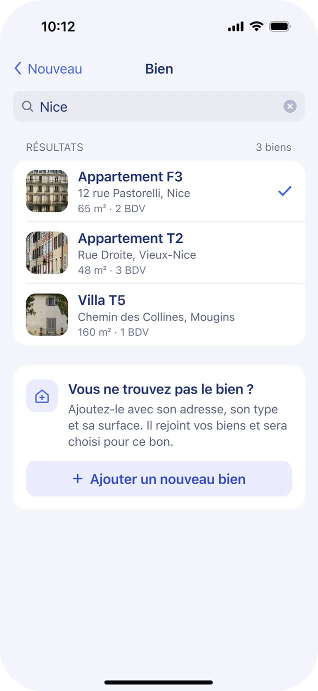 Choisir un bien: search results for Nice with a photo, address, size and BDV count, and a button to add a new property.