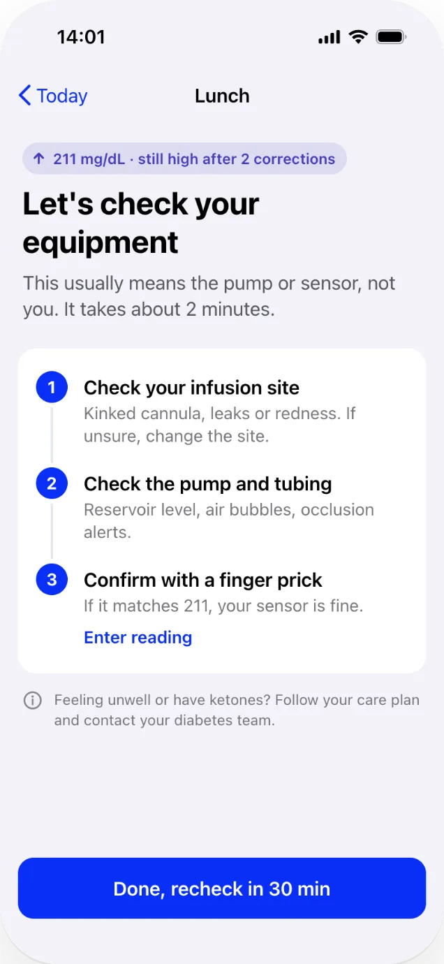 The check-your-equipment screen: three numbered steps for the infusion site, the pump and tubing, and a finger prick.