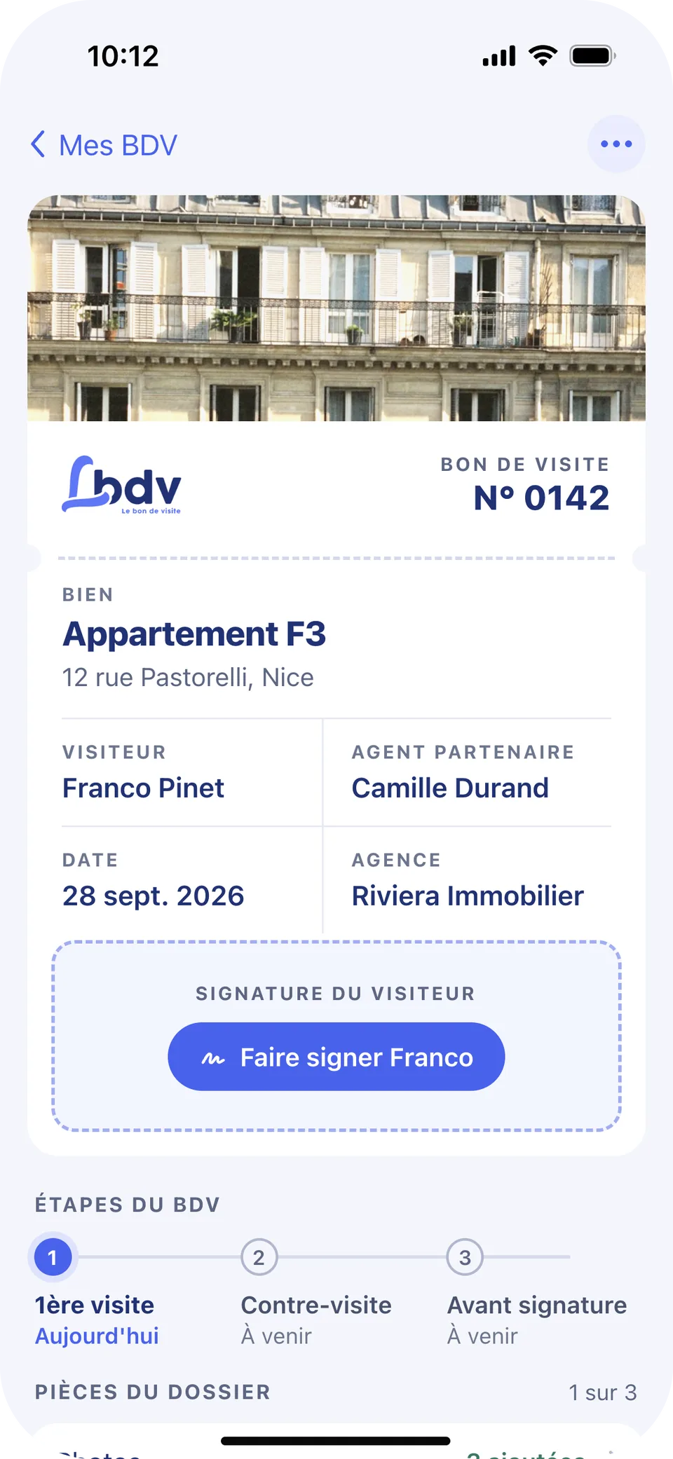 The redesigned Fiche BDV: the slip with its number, property, visitor, partner agent, date and agency, a signature box, and the three stages below.