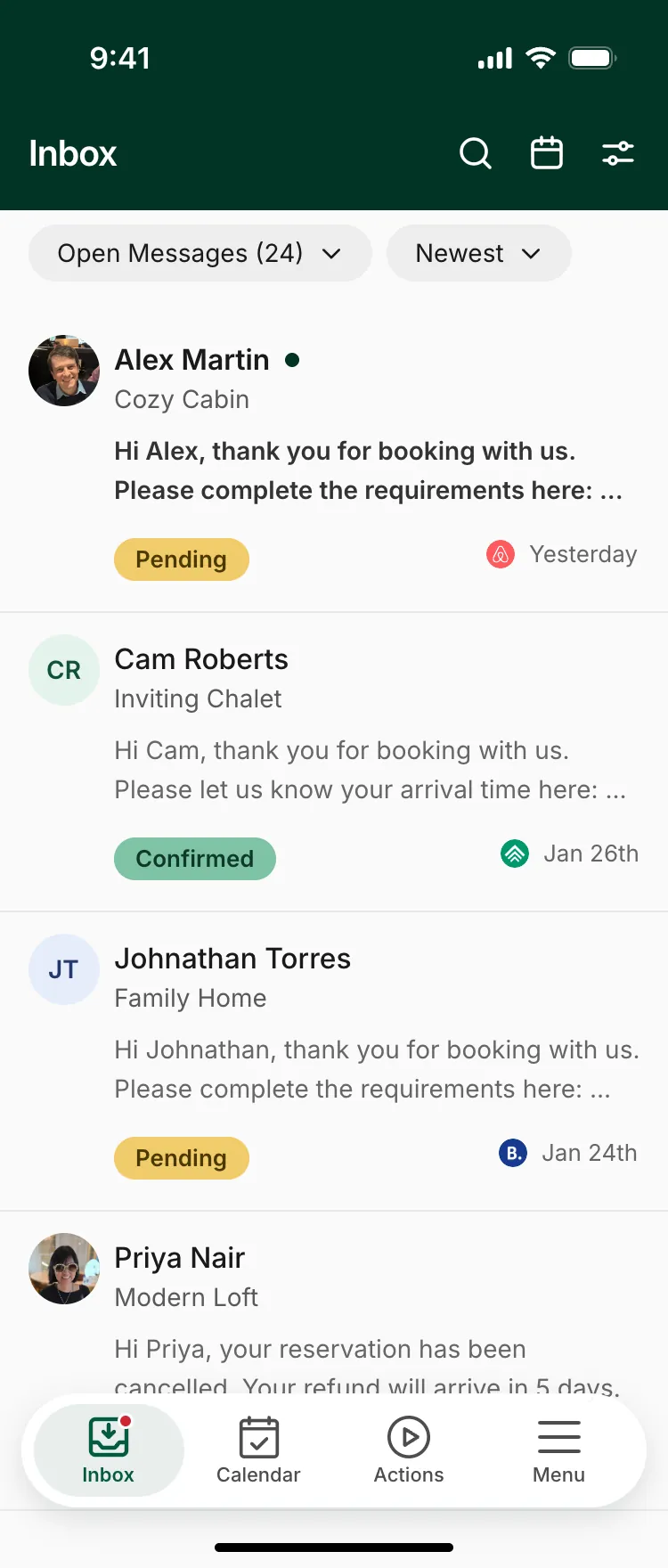 Inbox: open message threads, each with the guest, property, booking status and channel.