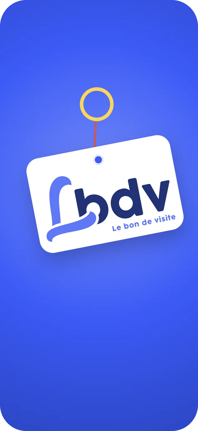 BDV launch screen: the logo on a key tag hanging from a ring, on blue.