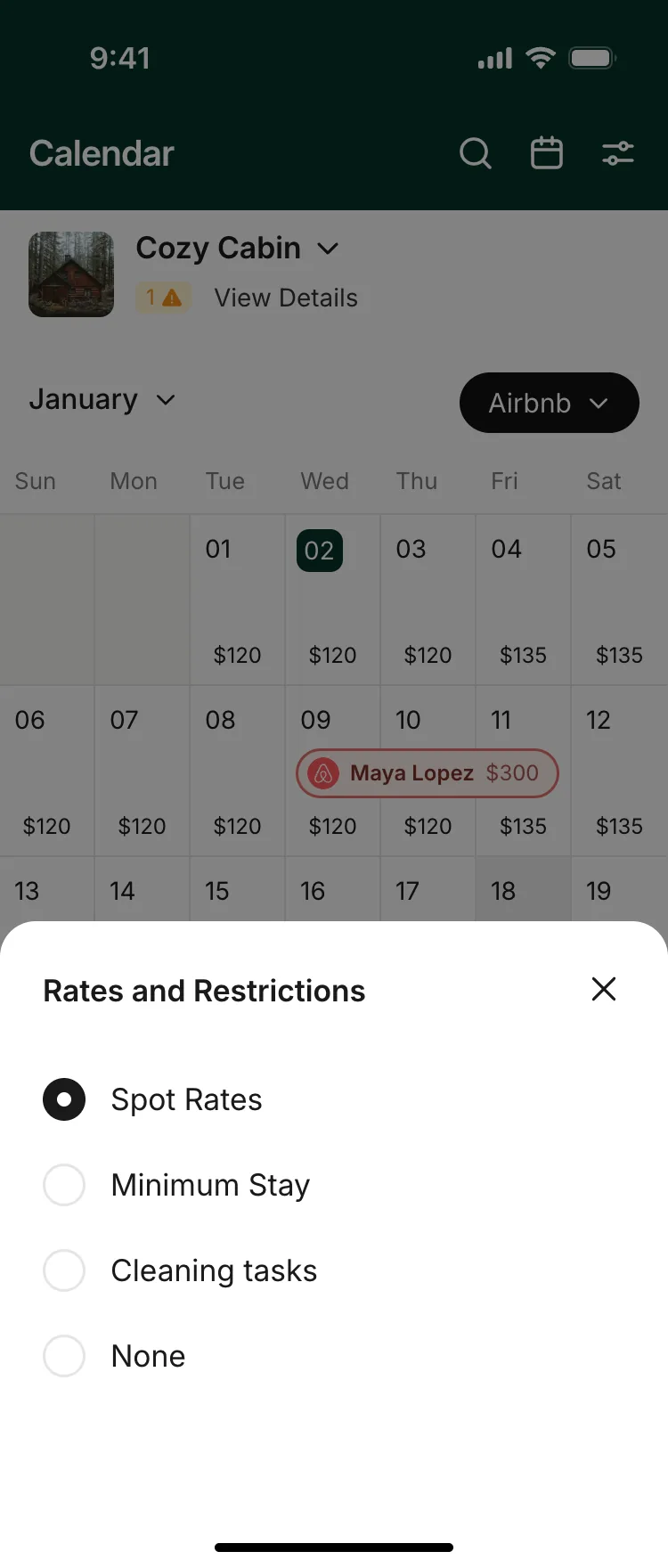 One listing's month view, with a Rates and Restrictions sheet open to choose Spot Rates, Minimum Stay, Cleaning tasks or None.