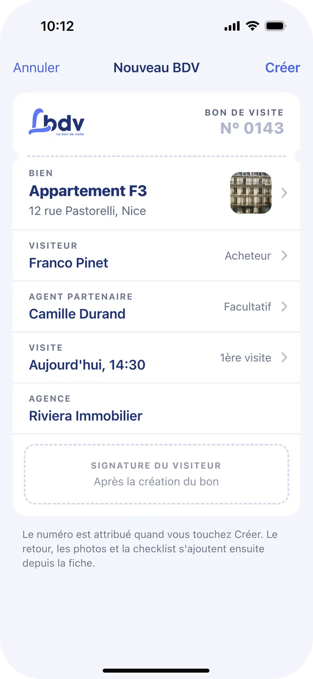 Nouveau BDV: one sheet laid out like the slip, with property, visitor, partner agent, visit and agency, and an empty signature box.