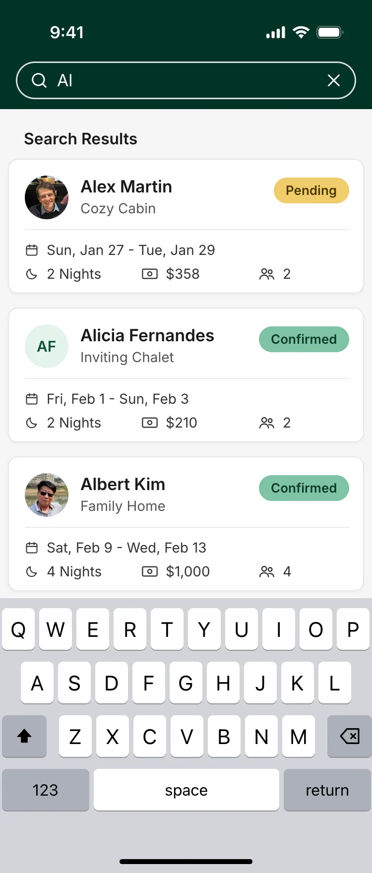 Search results for a guest name, each with the booking status, dates, nights and payout.