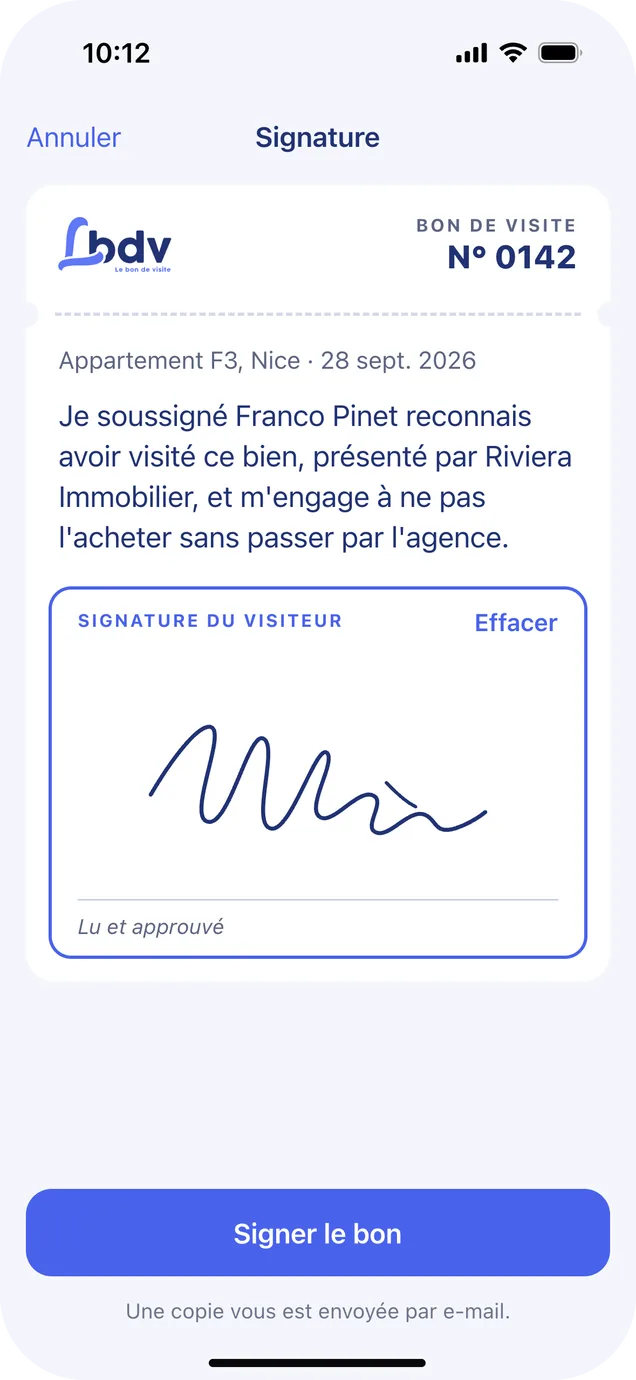 Signature: the slip number, the statement the buyer commits to, a signature box with a signature in it, and a Signer le bon button.