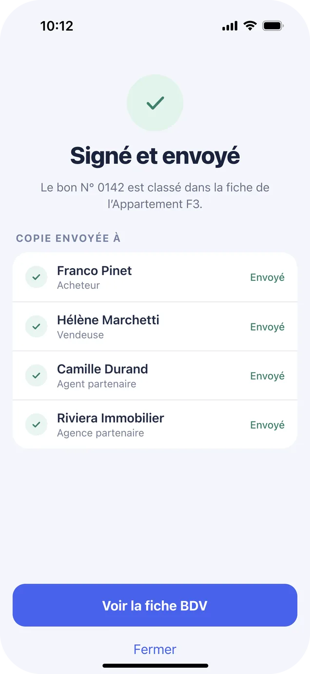 Signé et envoyé: a check mark and the list of four people who received a copy, each marked Envoyé.