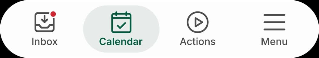 The iOS 26 tab bar with four tabs: Inbox, Calendar (selected), Actions and Menu.